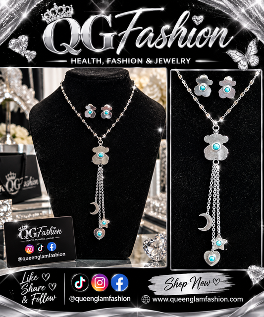 Silver Charm Pendant & Matching Earrings Set For Girls