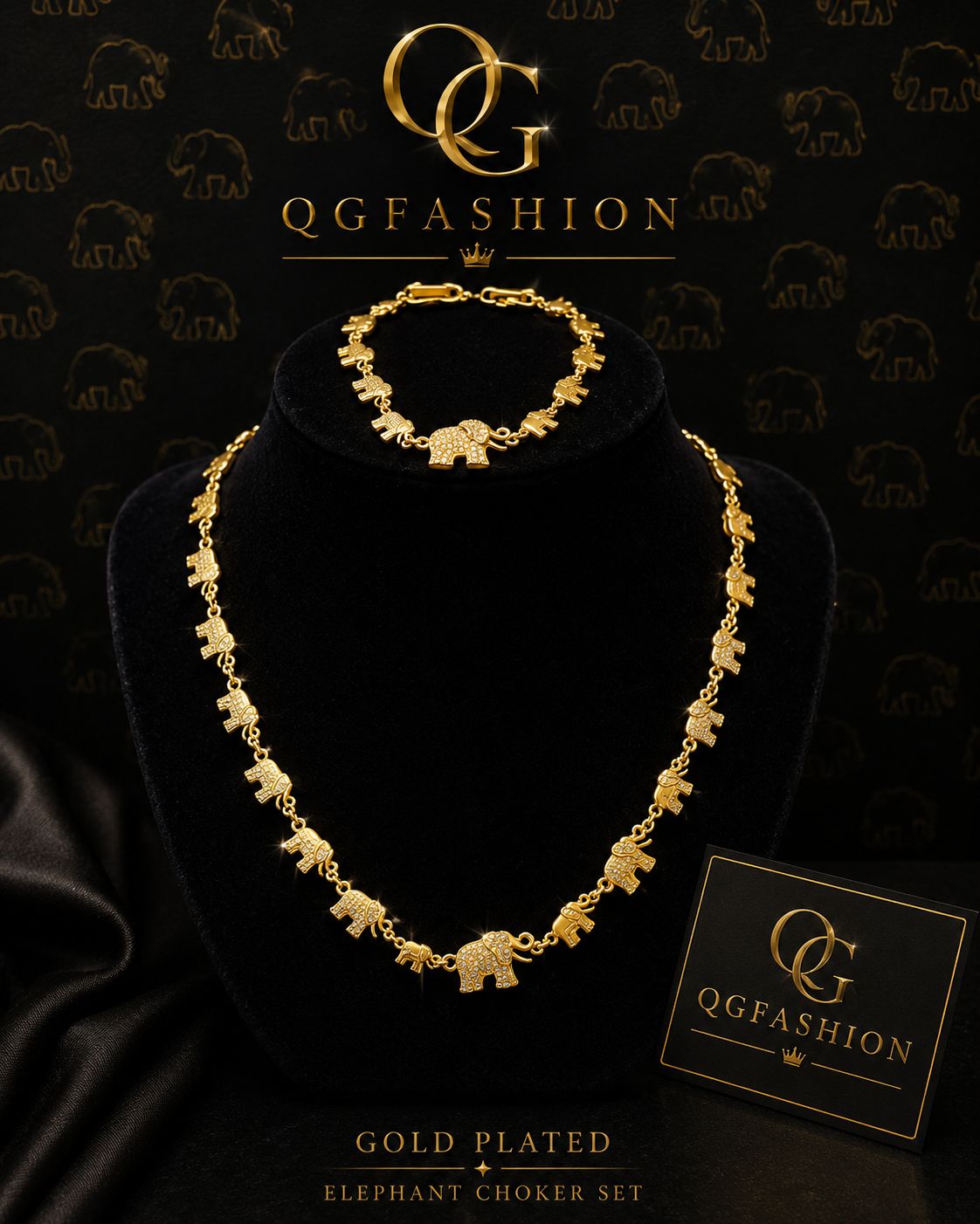 Gold-Plated Elephant Chain & Bracelet Set